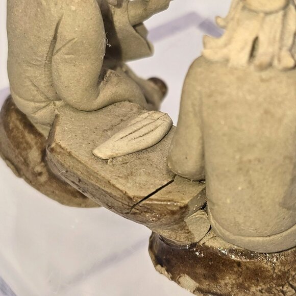 Vintage Chinese Mudman Figurine Pair Sitting on Bench Smoking Pipe je155 - Picture 12 of 12